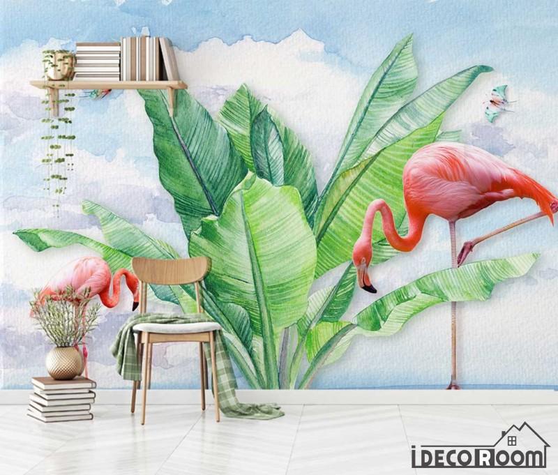 Modern Tropical Plant Flamingo Butterfly Wallpaper Wall Murals