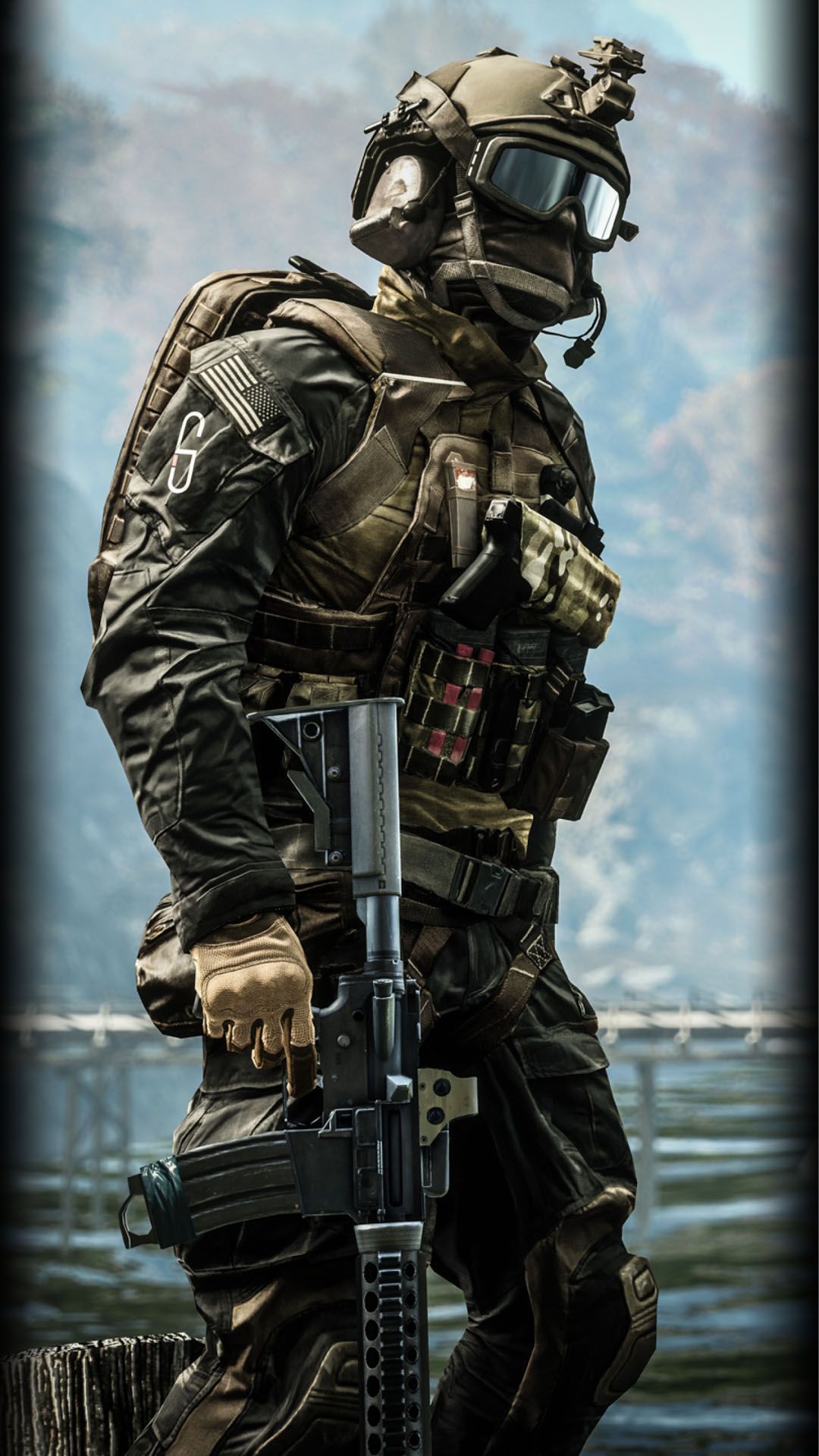 A soldier in full tactical gear, holding a rifle, stands against a blurred backdrop of mountains and water, possibly a military base or a combat zone