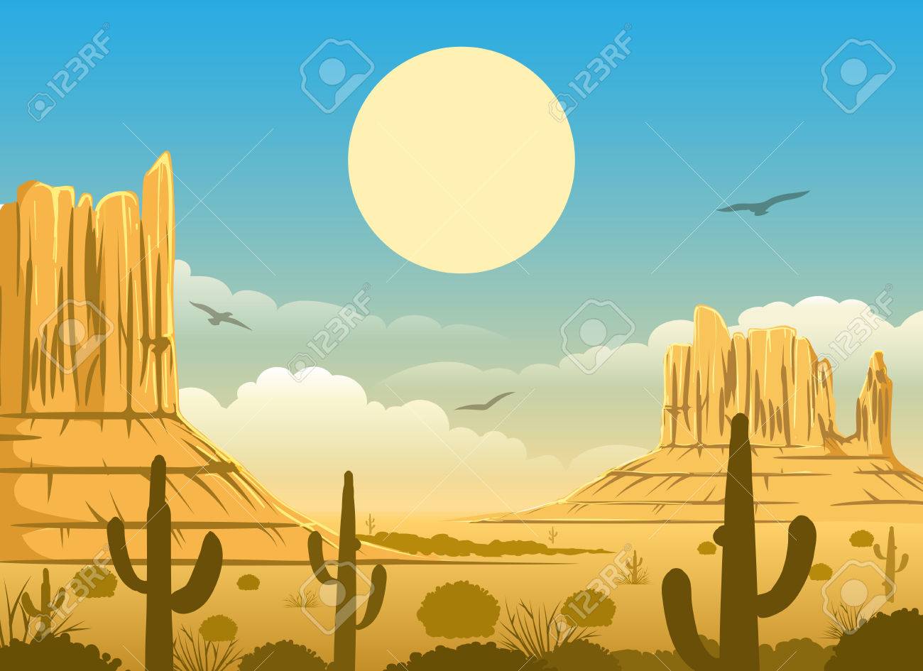 Western Cartoon Mexican Desert Sunset Horizonte Panorama