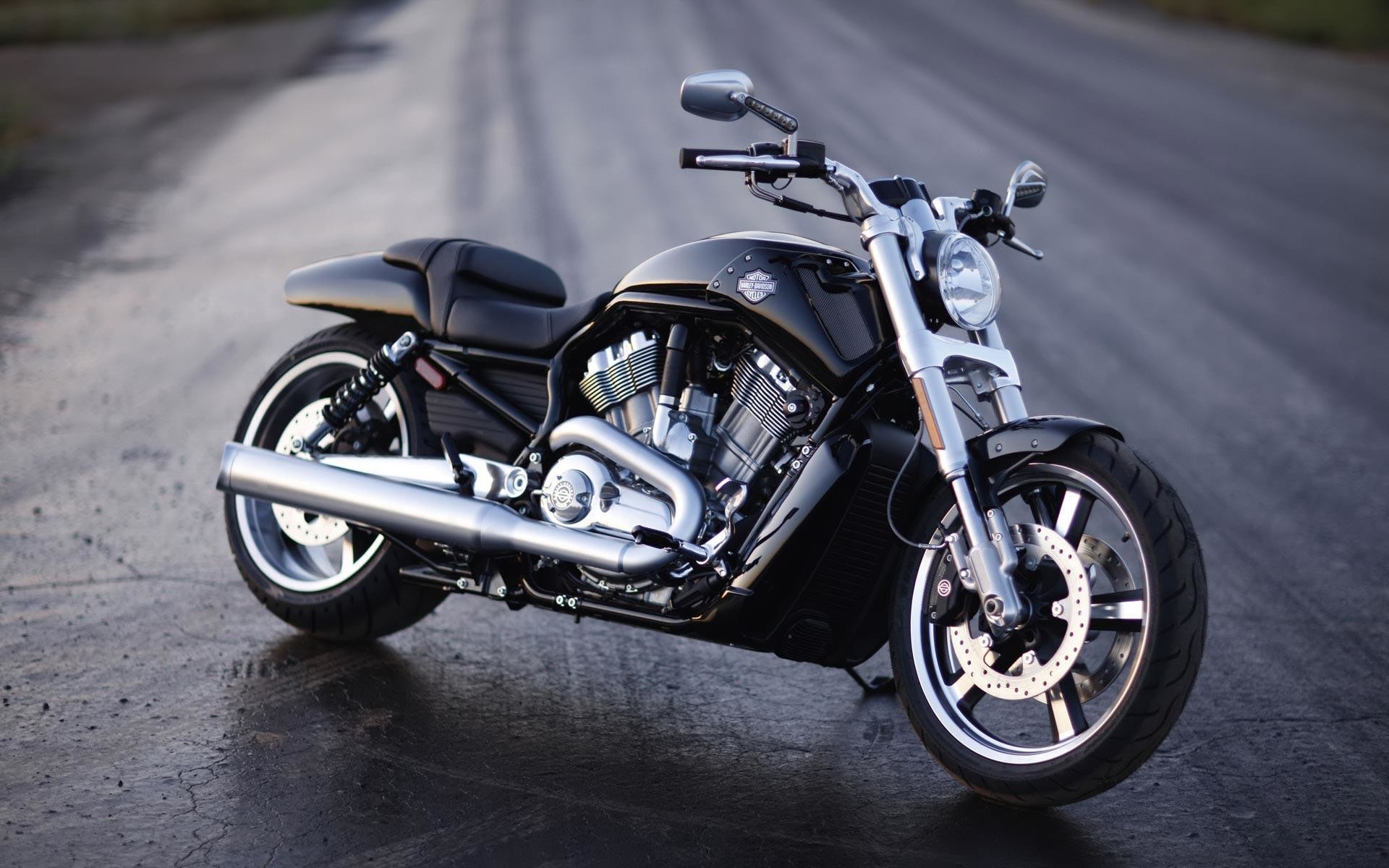 Black Harley Davidson V-Rod Muscle Motorcycle parked on a dark road