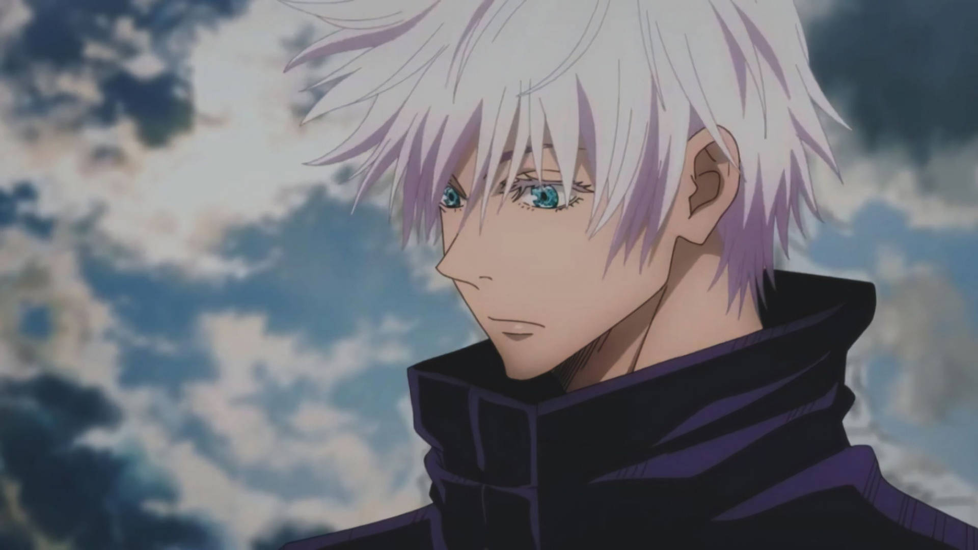 Gojo Satoru from Jujutsu Kaisen with his signature white hair and striking blue eyes, in a close-up profile shot against a cloudy sky