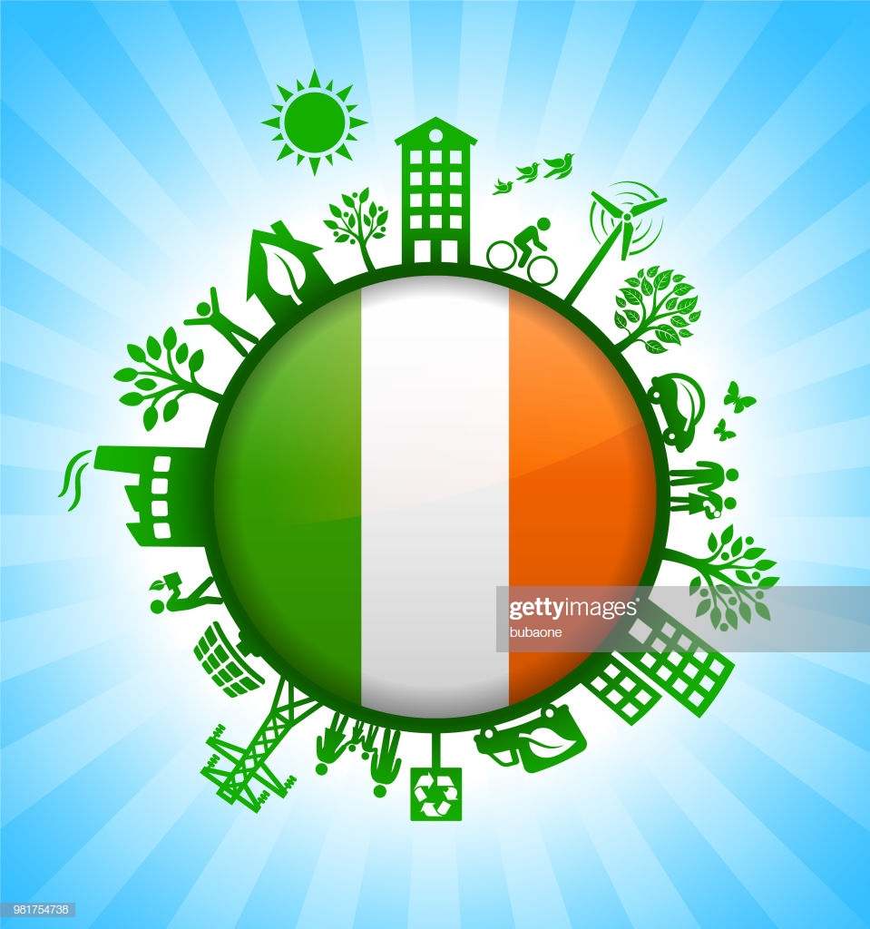 Irish Flag On Green Environmental Conservation Background Stock