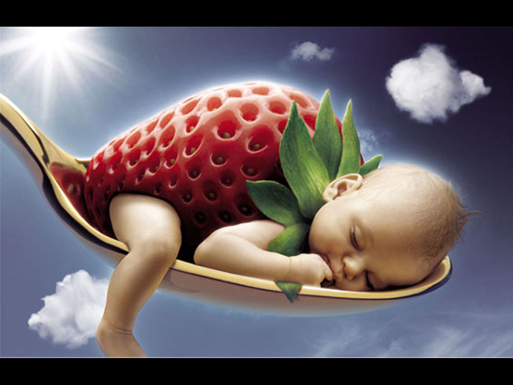 A whimsical image of a baby sleeping peacefully in a golden spoon, nestled within a giant strawberry with green leaves, set against a backdrop of a bright blue sky with fluffy white clouds and sun rays