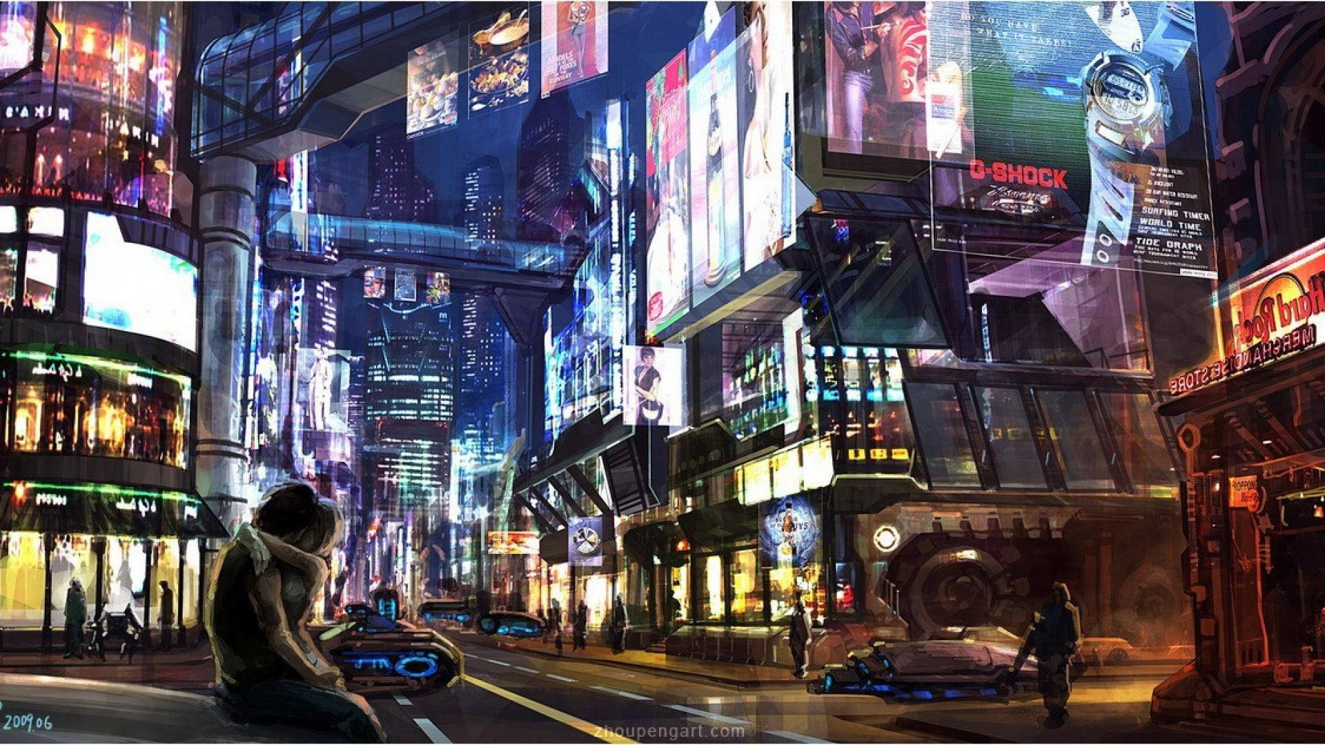 A vibrant cyberpunk city street at night, featuring neon signs, futuristic vehicles, and a couple embracing in the foreground