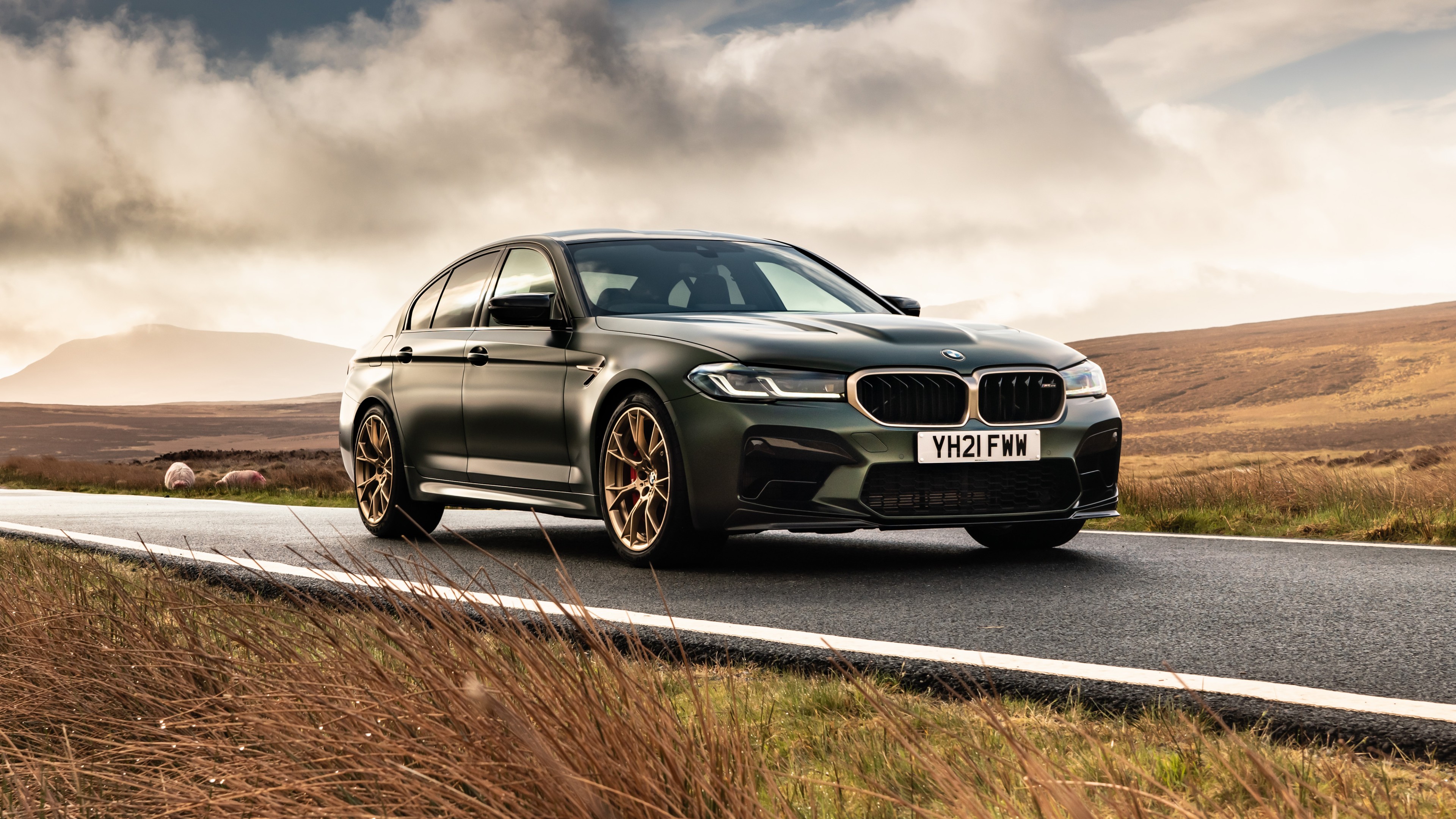 A BMW M5 in a dark green finish drives along a scenic road