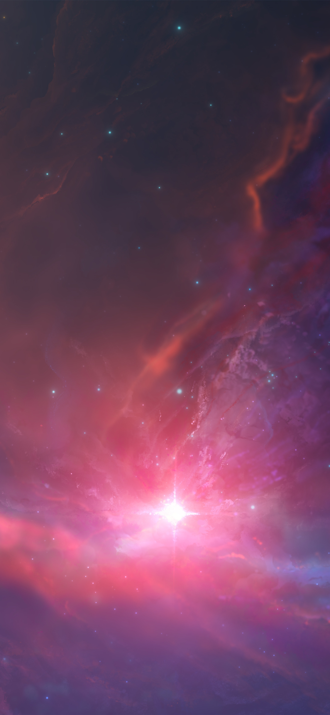 A breathtaking iPhone wallpaper showcasing a vibrant nebula in shades of pink and purple, dotted with twinkling stars. A bright star shines in the center, illuminating the cosmic clouds