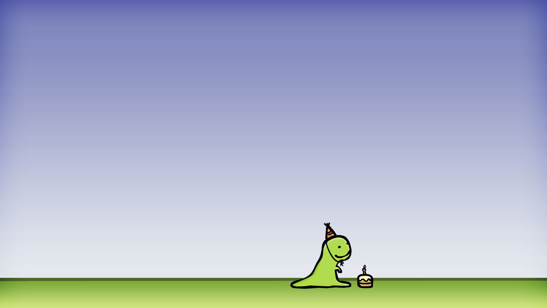 A cute cartoon dinosaur with a birthday hat celebrates with a tiny cake in this minimalist wallpaper