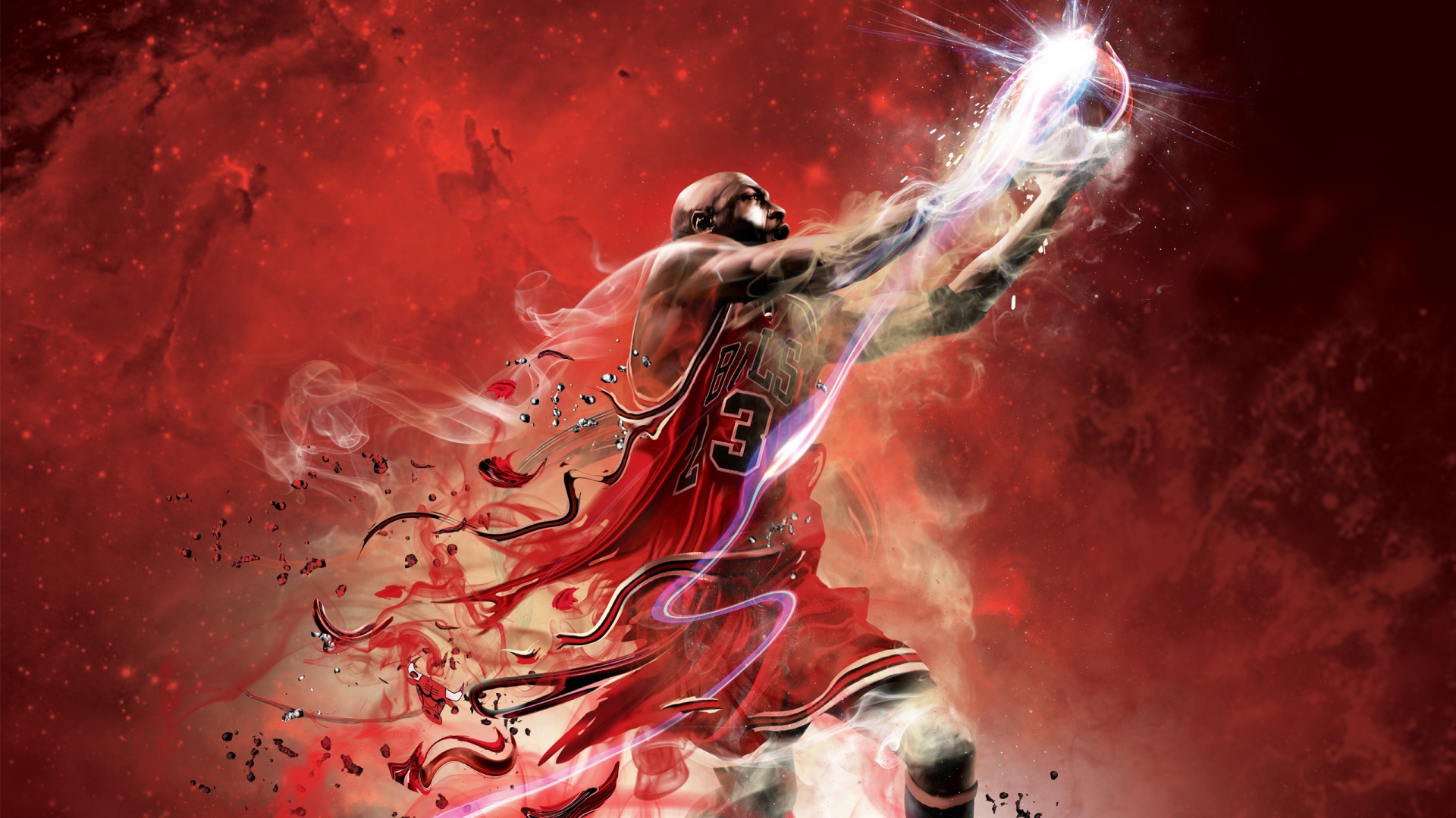 Michael Jordan performing a powerful dunk against a red, cosmic backdrop in this dynamic HD wallpaper