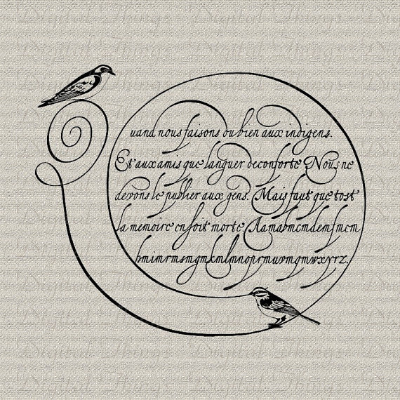Vintage French Script Calligraphy Birds Wall Decor Art Printable