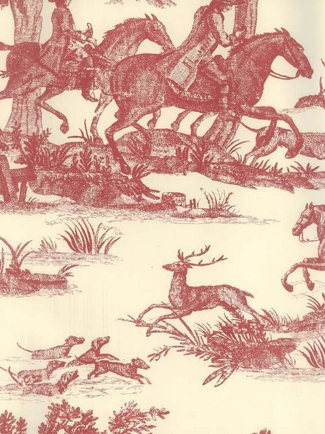 Wallpaper   Red Off White Equestrian Toile Pictorial French   Faux