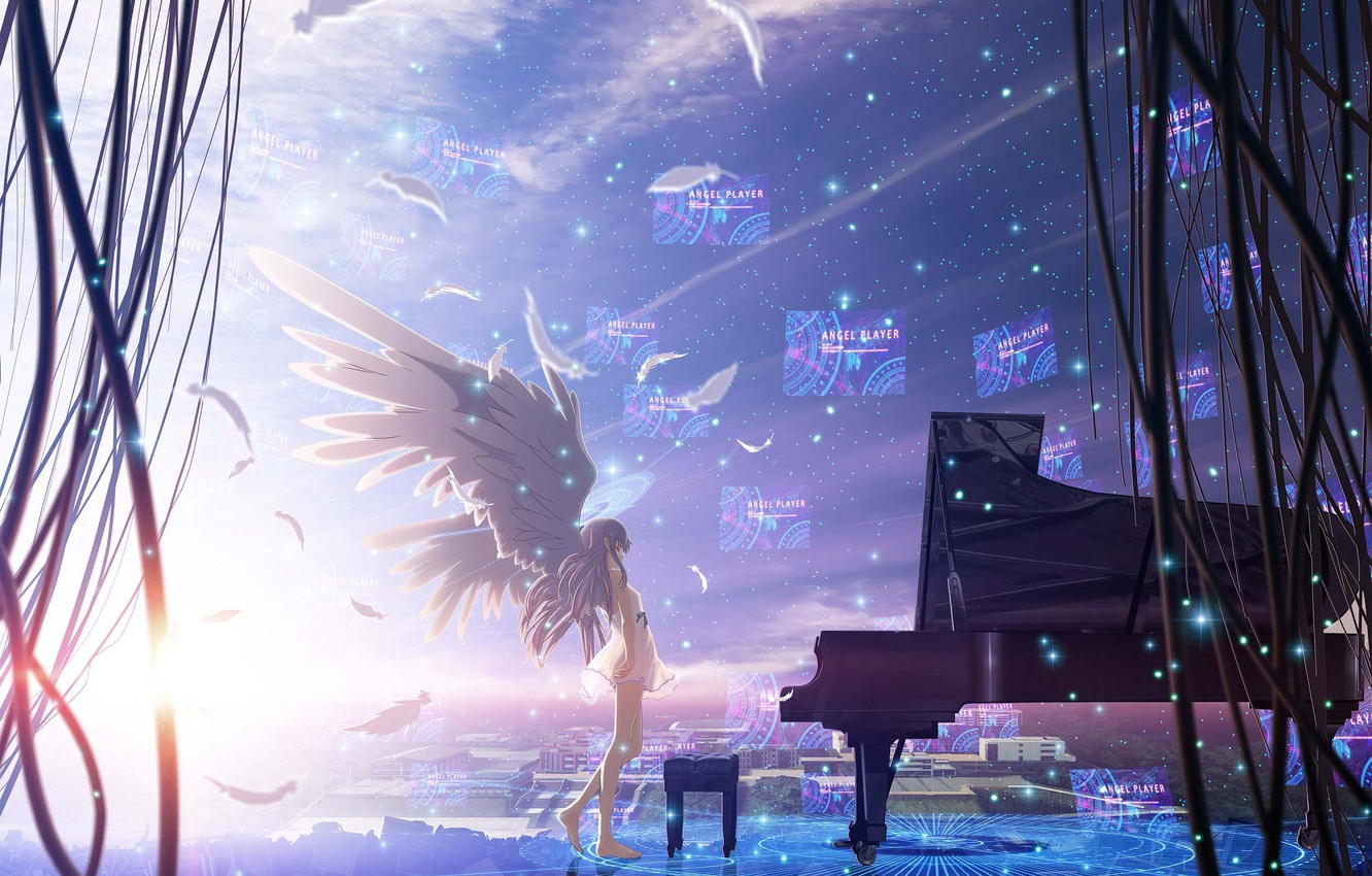 Wallpaper The Sky Girl Stars City Wire Home Wings Anime