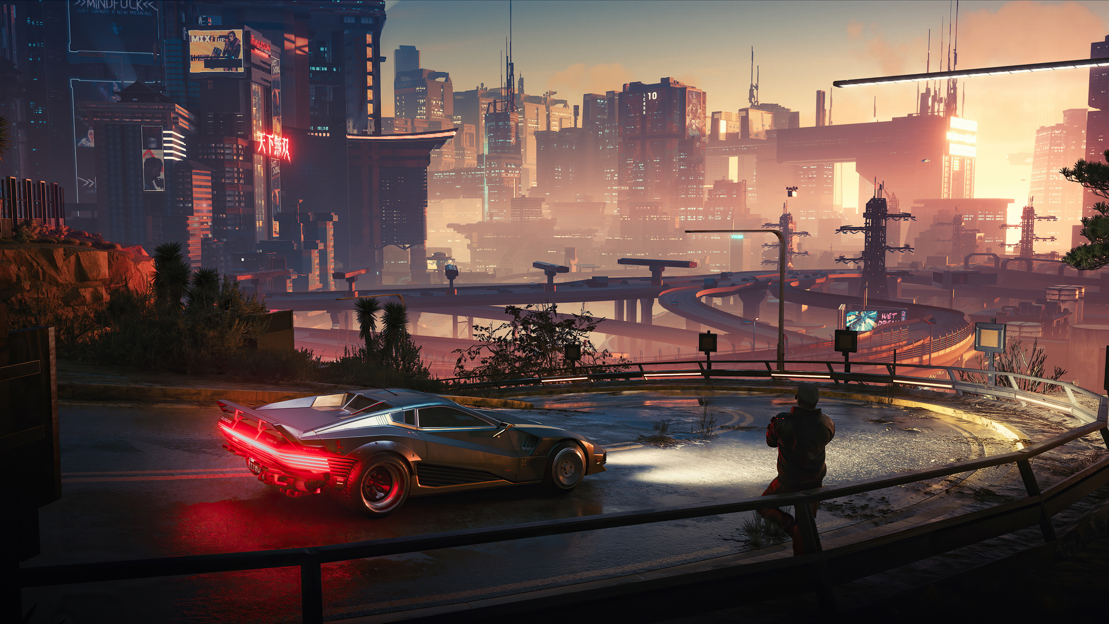 A futuristic car with glowing red tail lights parked overlooking a cyberpunk cityscape at sunset