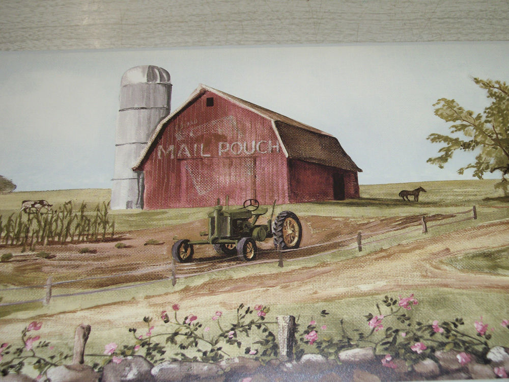 Country Mail Pouch Barn Tractors Cows Americana Flag Wallpaper Border