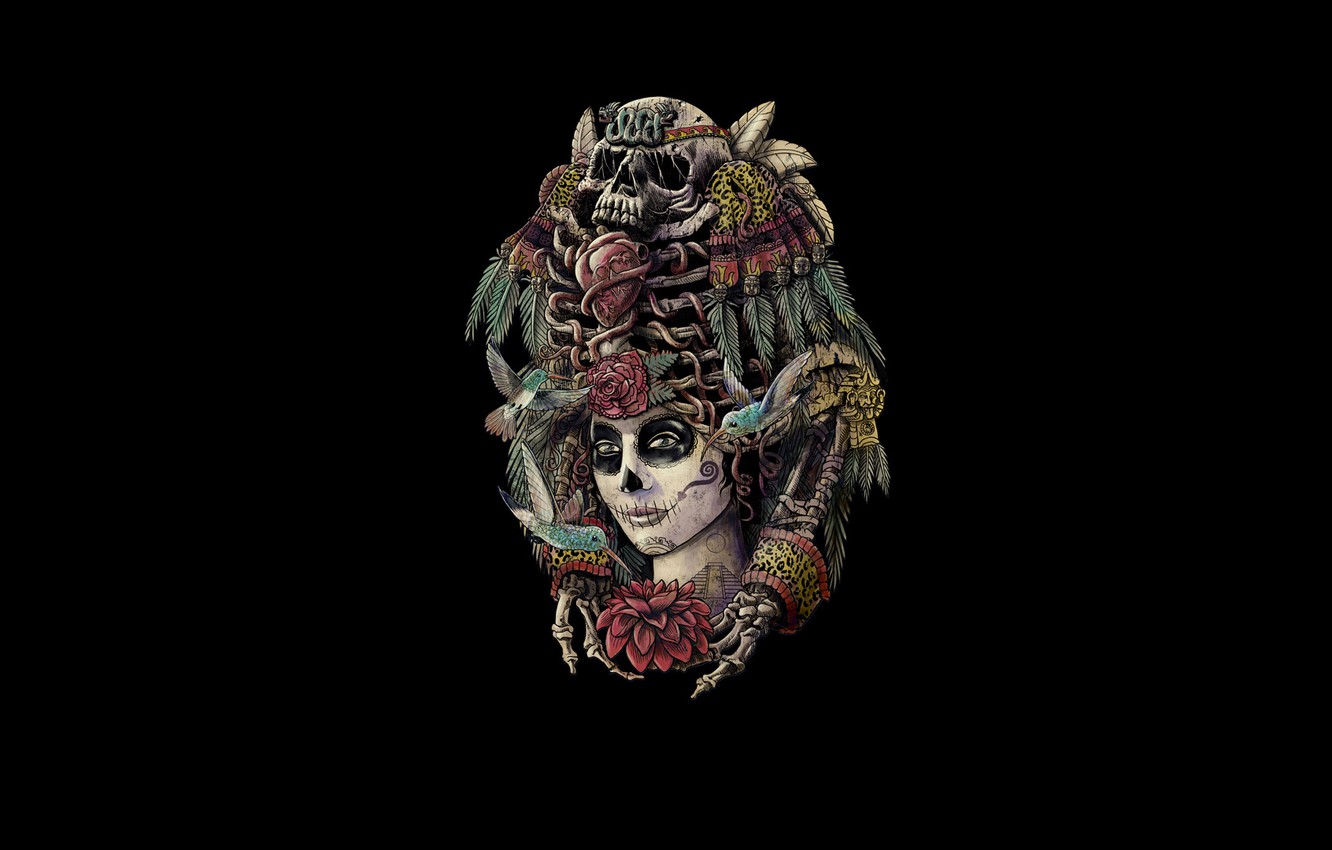 Wallpaper Girl Birds Style Skull Skeleton Day Of The Dead