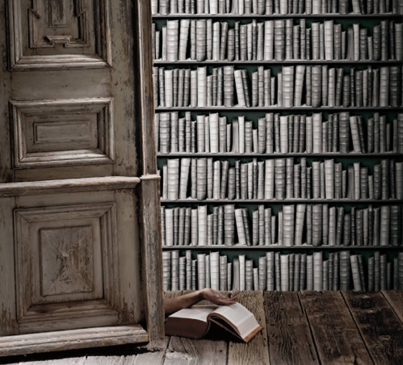 Vintage Black And White Library Bookshelf Wallpaper