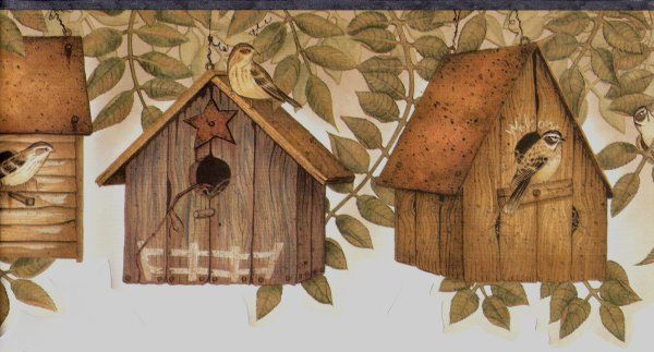 Rustic Country Birdhouses And Birds Wallpaper Border