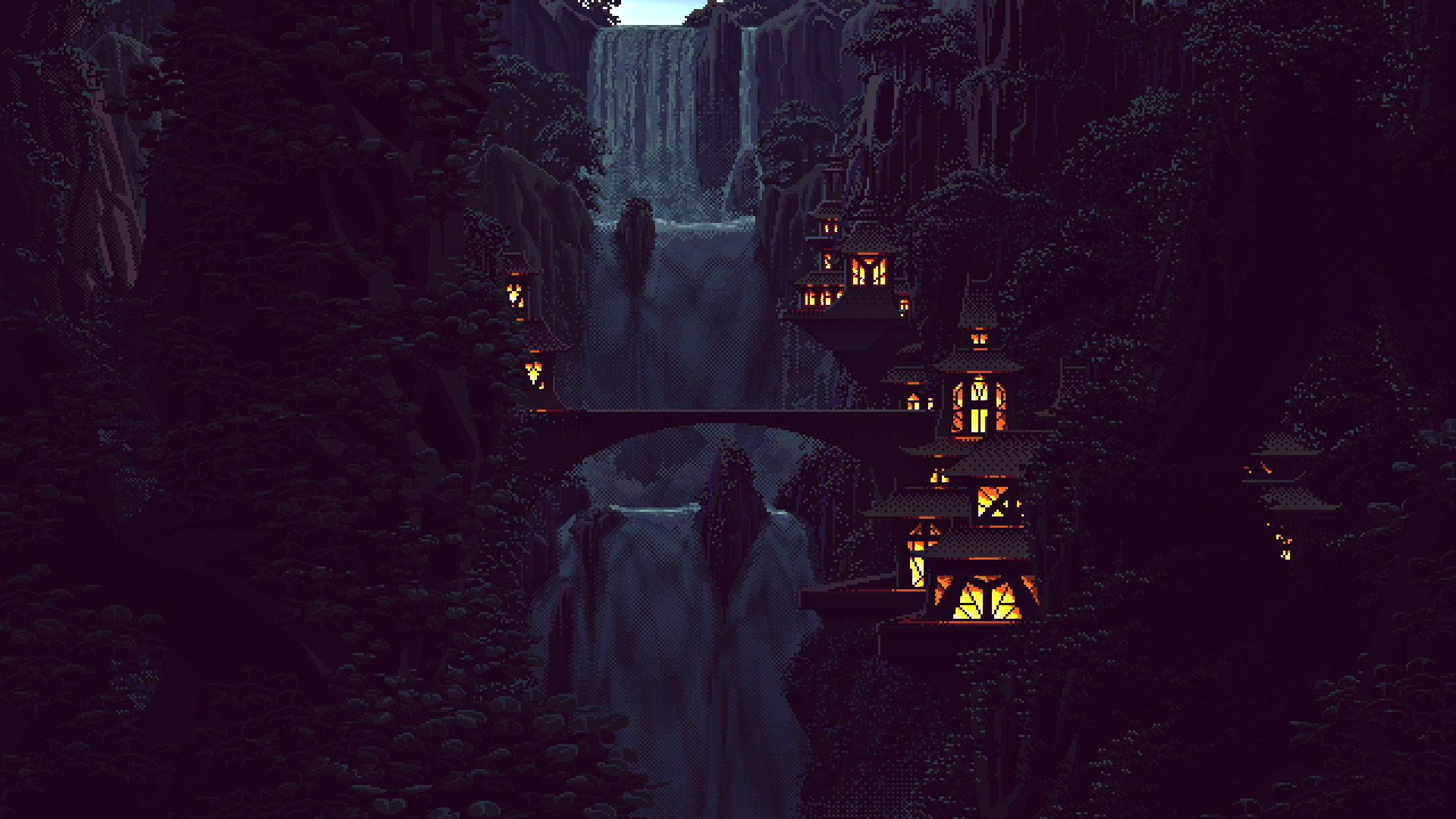 Digital Art Pixel Pixels Bit Nature Waterfall Trees Forest Wallpaper