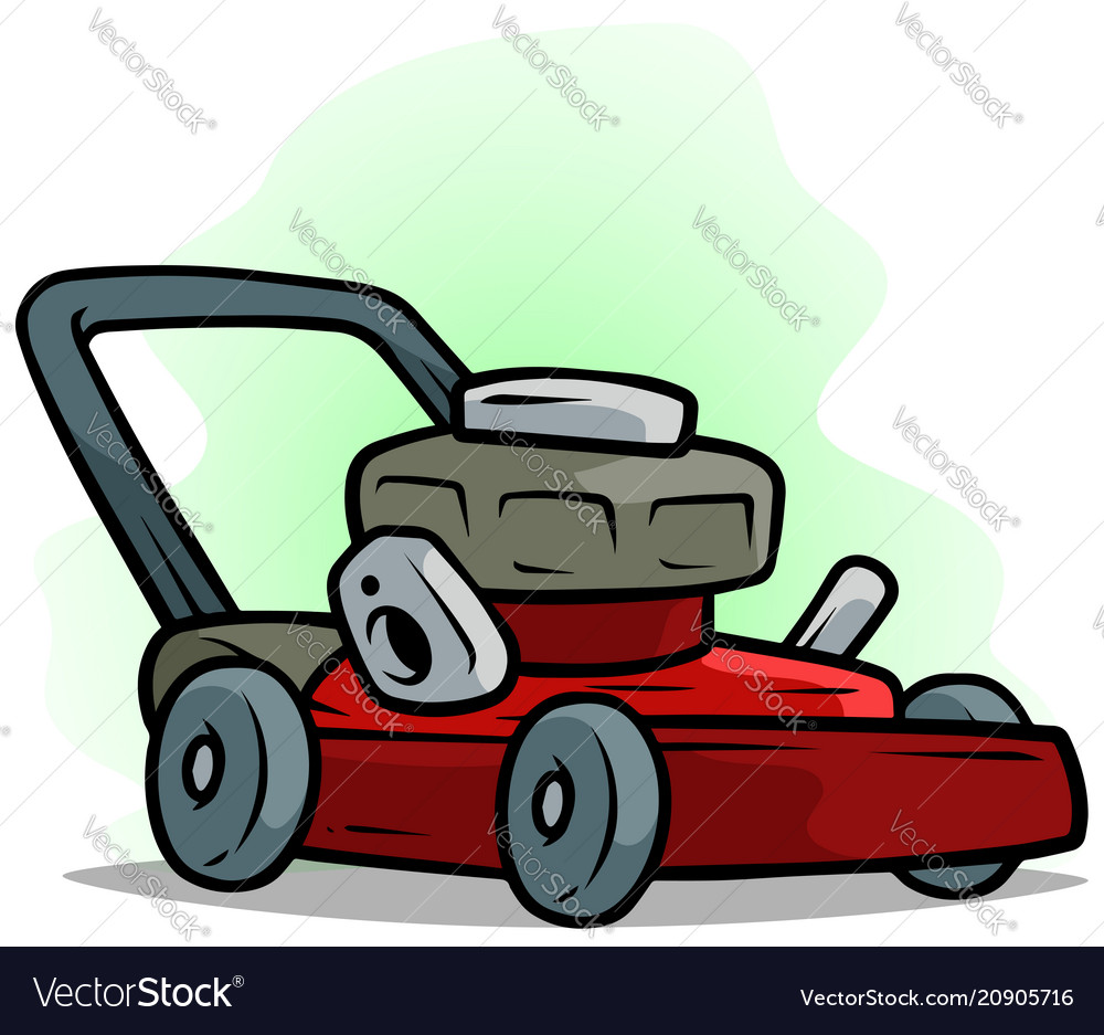 Cartoon Red Lawn Mower On Green Background Vector Image