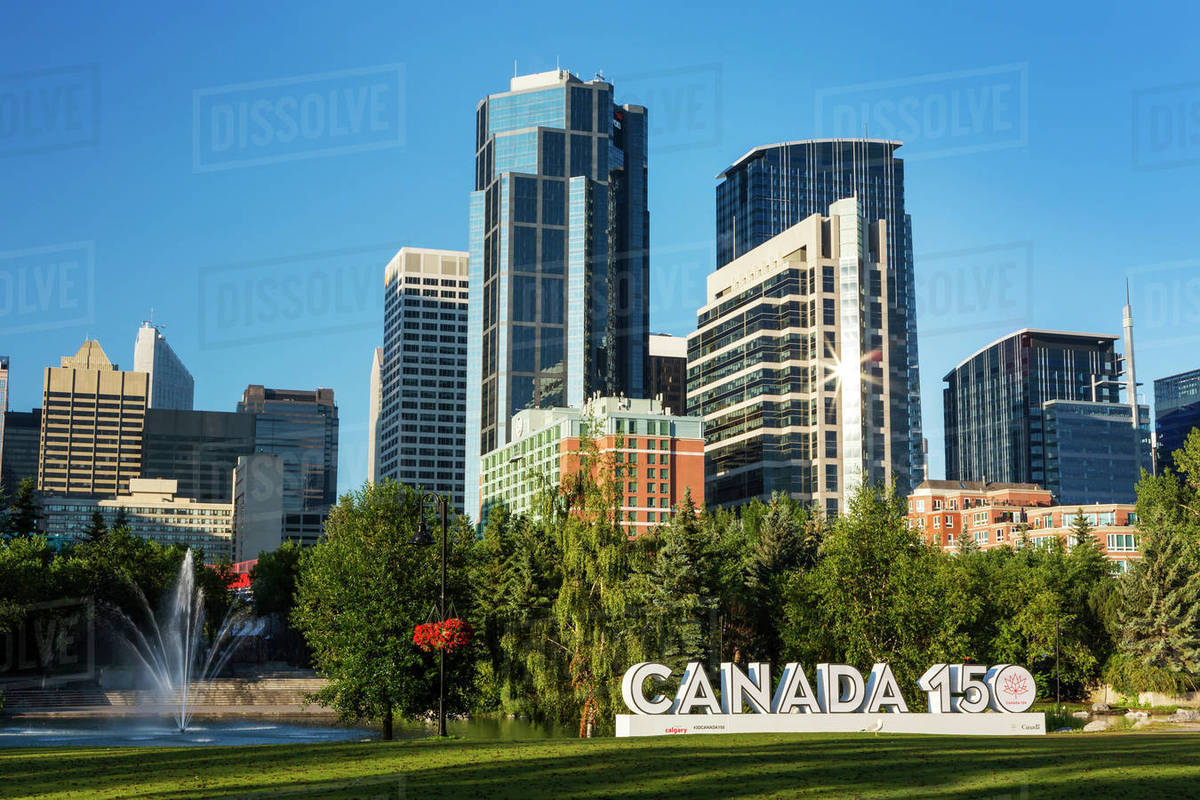 Canada Signage In City Park With Calgary Building Towers