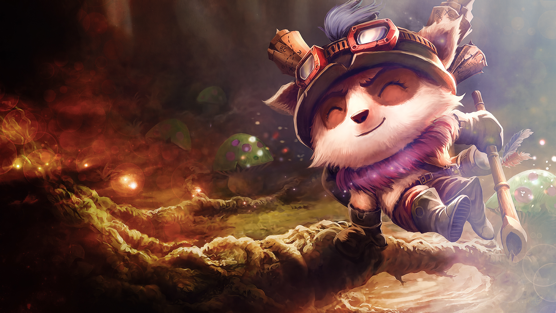 Teemo, the Swift Scout, from League of Legends, exploring a vibrant, magical forest