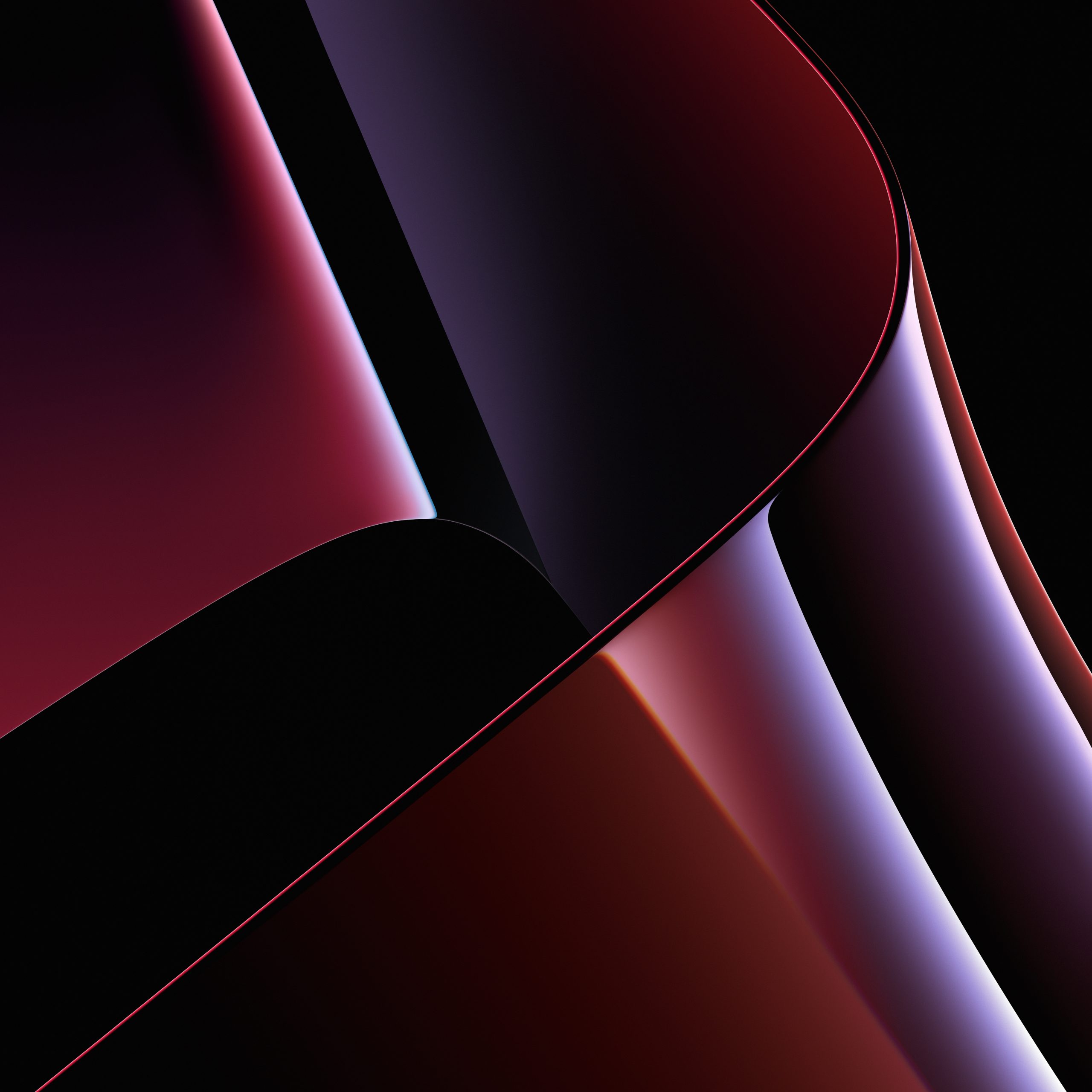 Abstract close-up of smooth, curved shapes with a metallic, burgundy and purple sheen, resembling modern design or technology