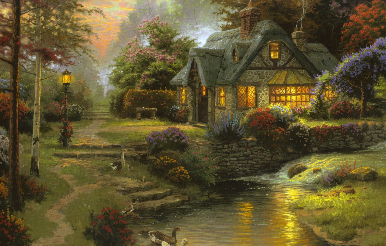 Wallpaper Summer Sunset The Evening River Painting Cottage