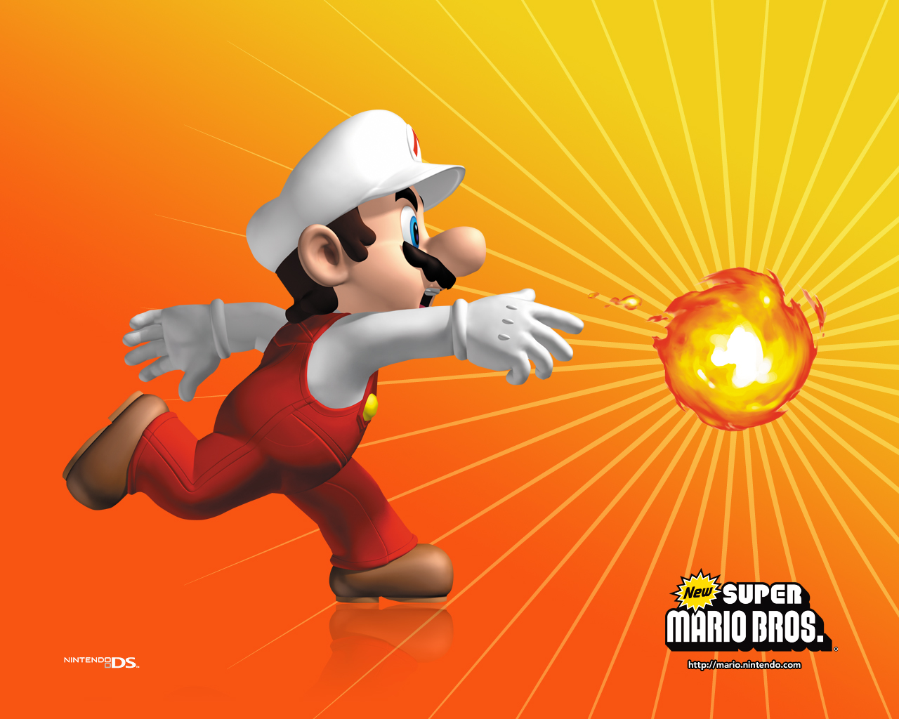 Fire Mario running and throwing a fireball in New Super Mario Bros. for Nintendo DS