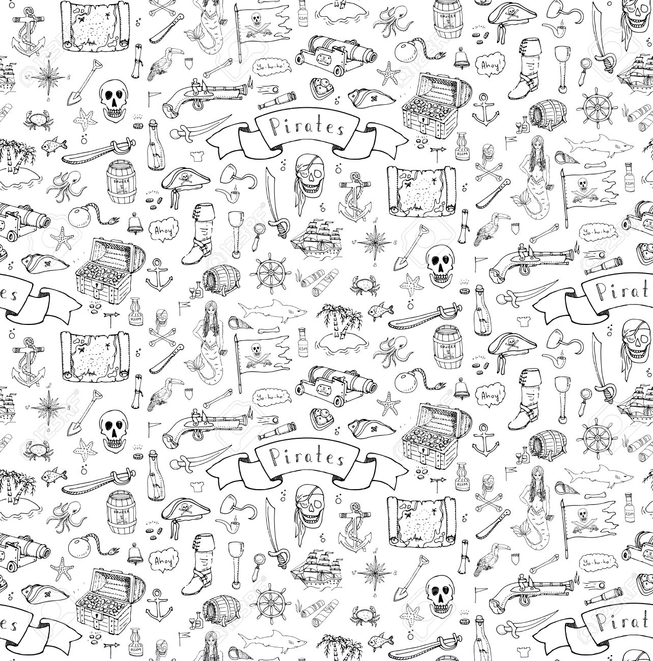 Seamless Background Hand Drawn Doodle Pirate Icons Set Vector
