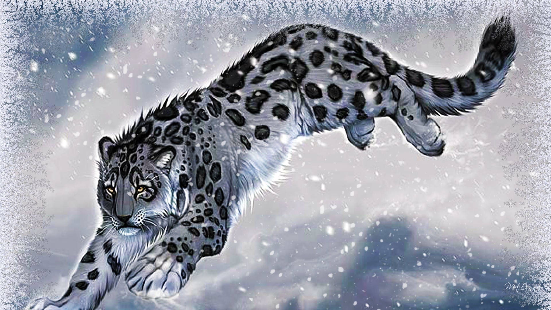 A snow leopard leaps through a snowy landscape, its grey fur speckled with black rosettes providing perfect camouflage against the winter backdrop