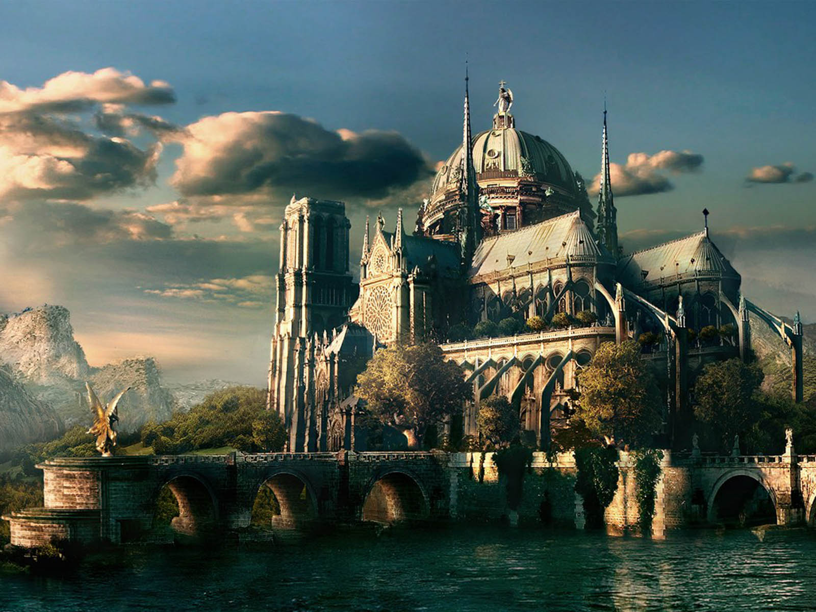 A majestic castle-like cathedral stands on an island, connected to the land by a stone bridge, set against a backdrop of dramatic mountains and a cloudy sunset sky