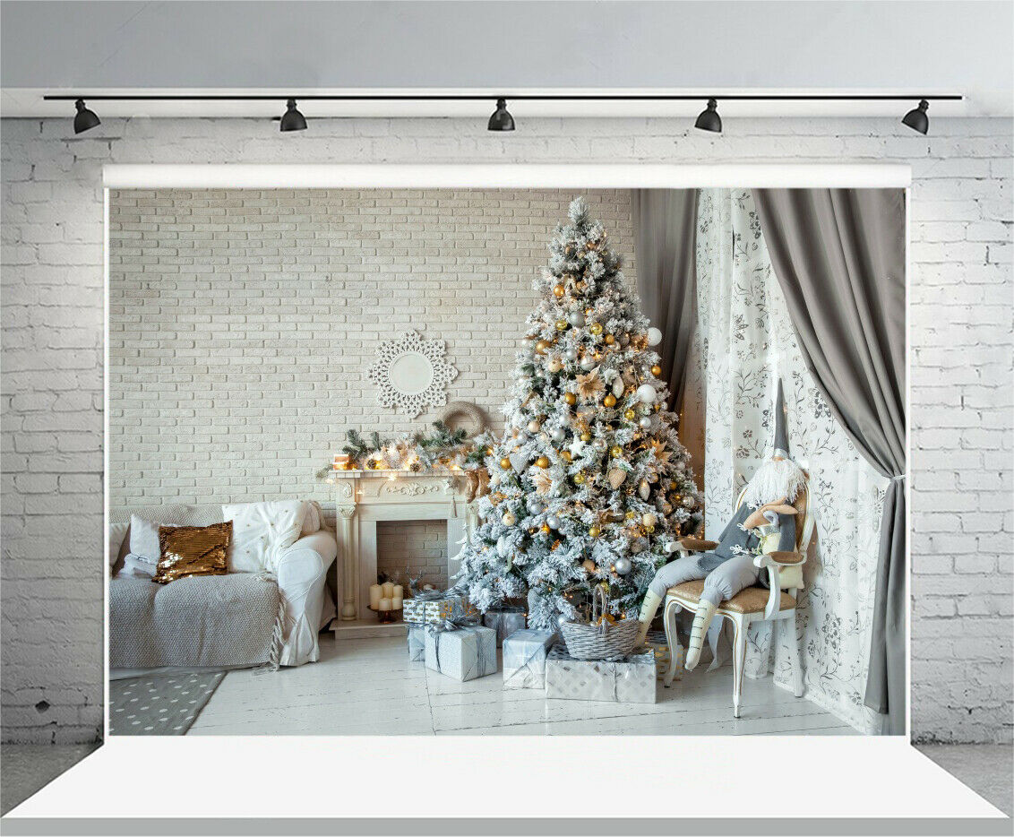 Flocked Christmas Tree Backdrop Brick Mantel Background