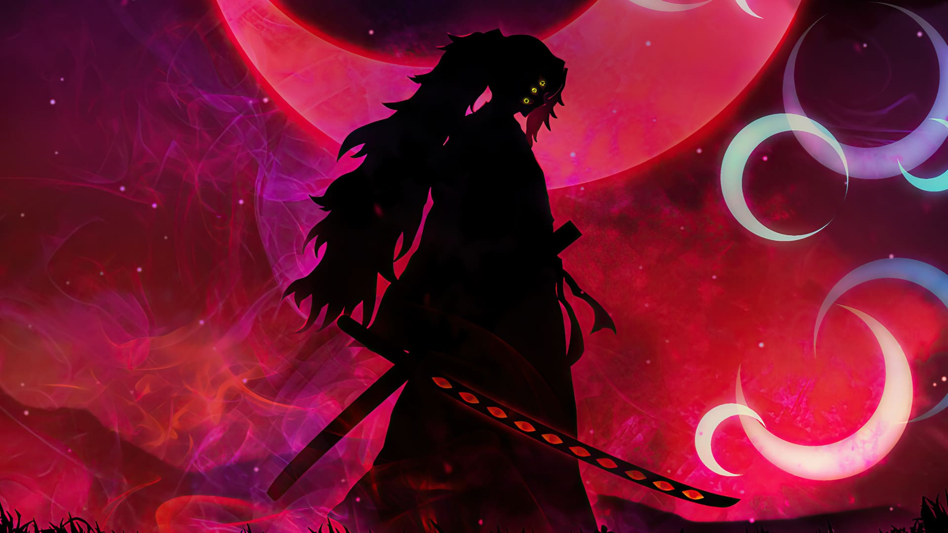 A silhouette of an anime character with a sword, set against a vibrant backdrop of a crescent moon and swirling nebulae