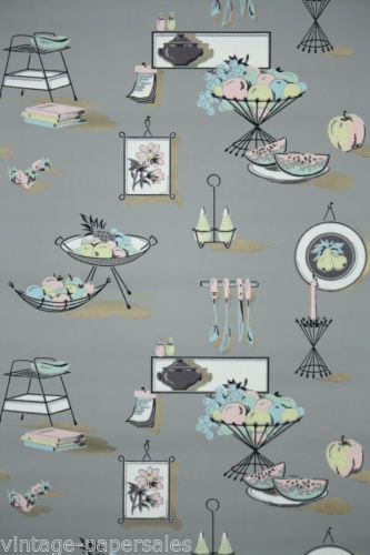 S Vintage Wallpaper Gray And Pastel Novelty Kitchen Design