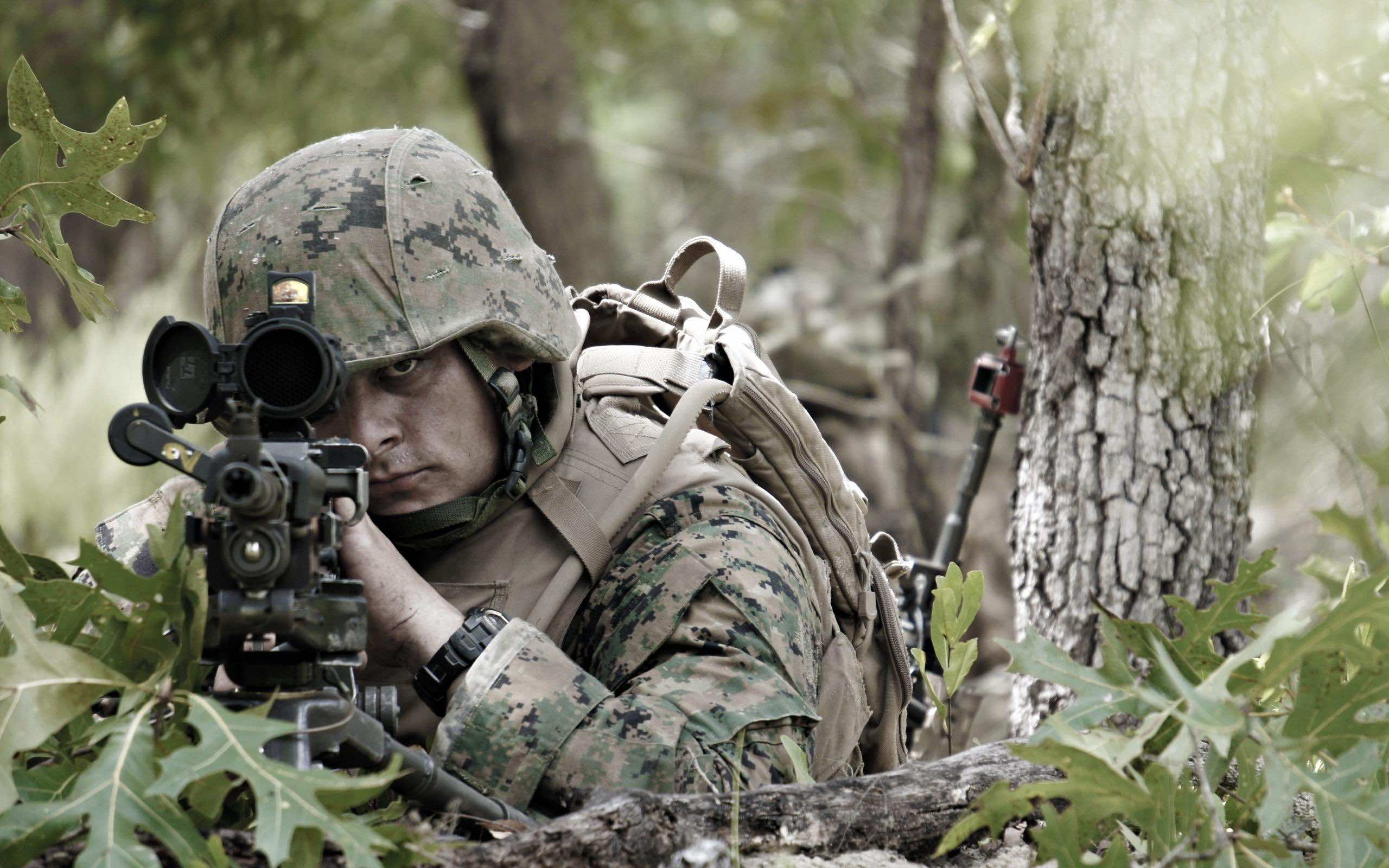 A US Marine aims down the sight of his weapon, camouflaged in woodland terrain. This captures the intensity and focus of a soldier in a tactical environment