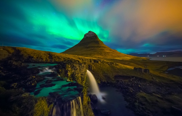 Wallpaper Kirkjufell Iceland Waterfall Aurora Borealis