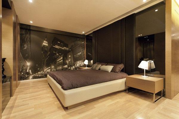 The Brown Bedroom With City Themed Wallpaper And Liminate Flooring