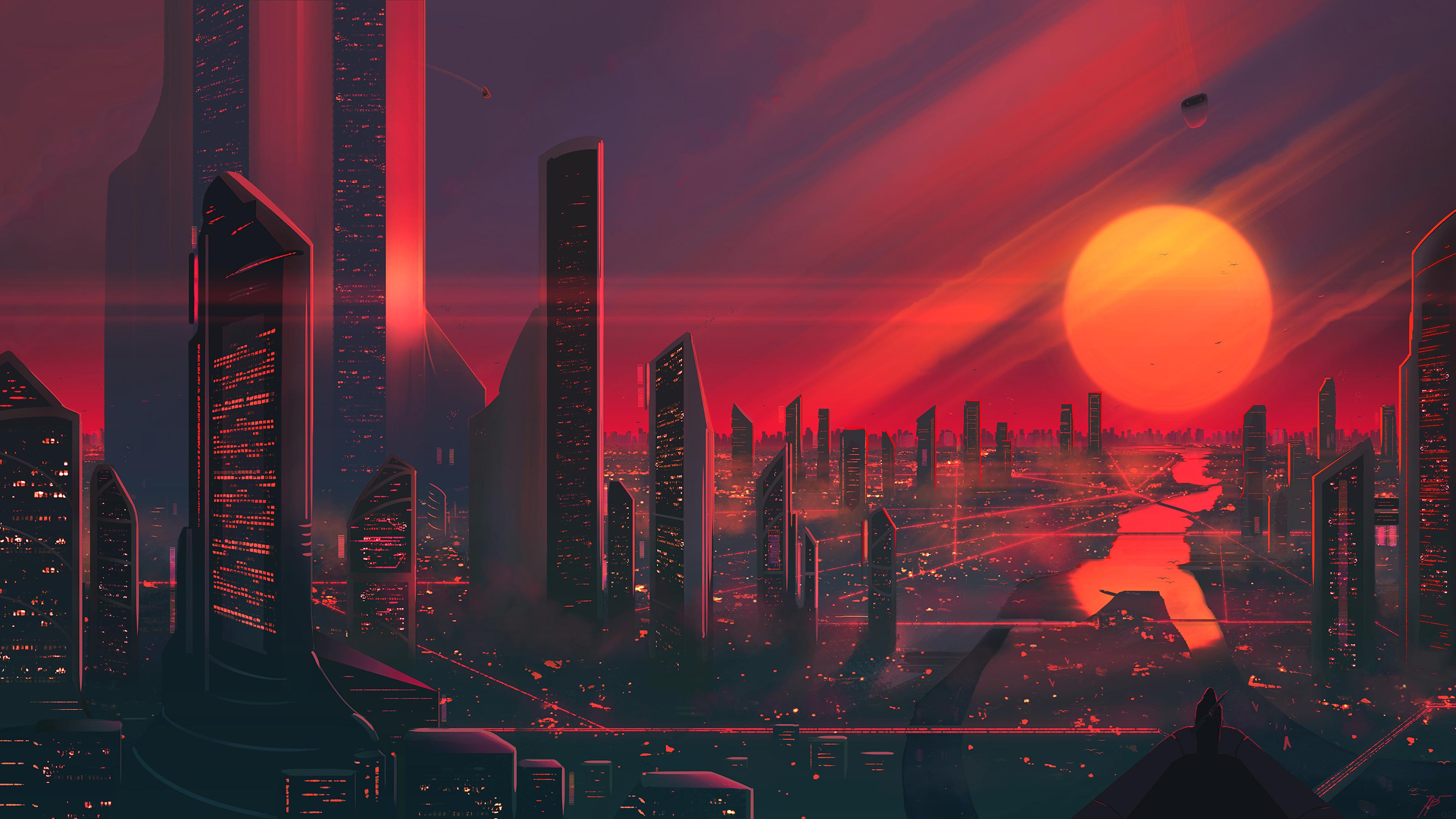 Sci Fi City Sunset Digital Art Illustration 4k Wallpaper