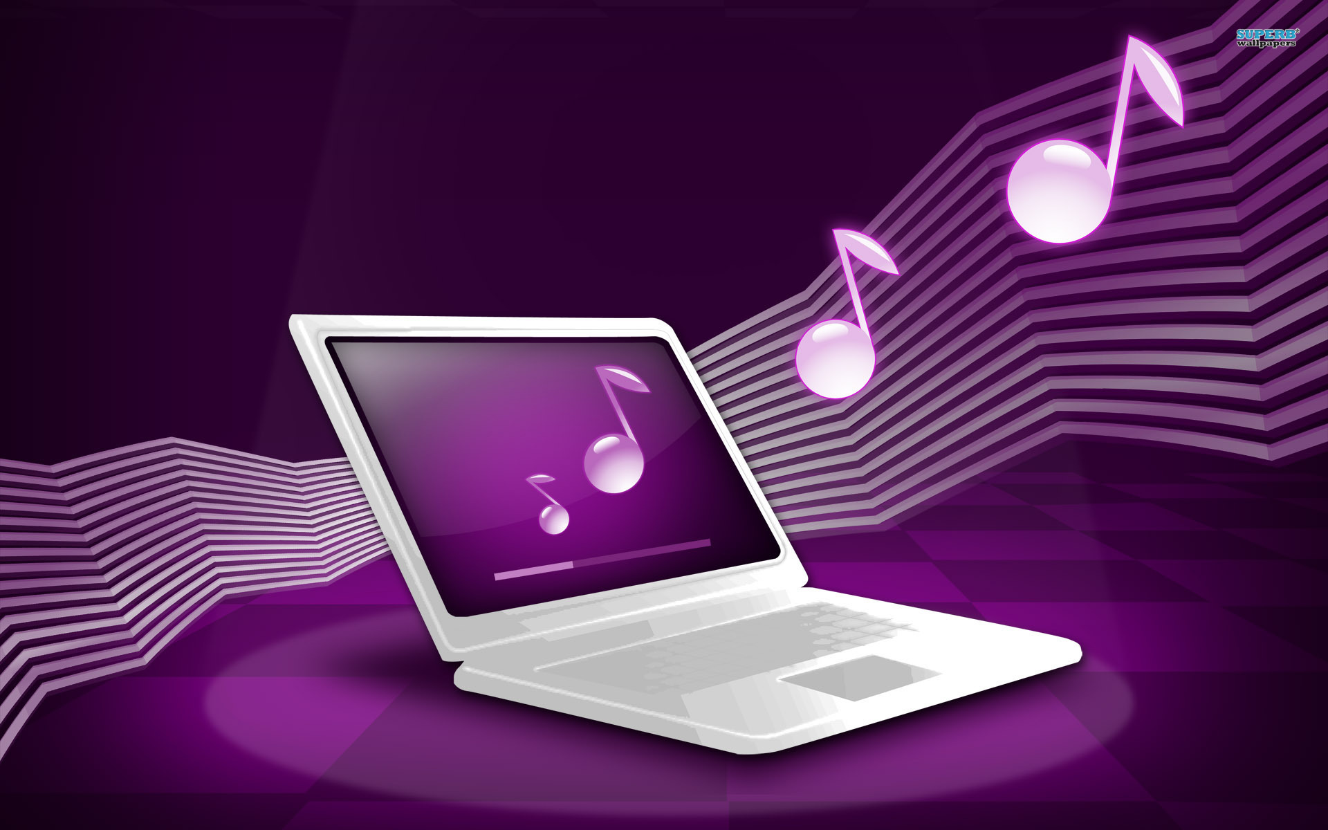 A white laptop displays musical notes, symbolizing music streaming or creation, set against a vibrant purple backdrop with stylized sound waves