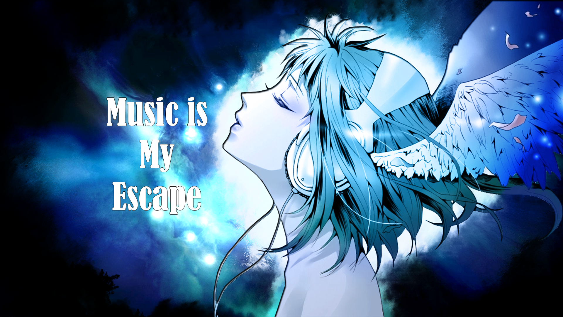 Vocaloid Music Escape Blue Angel Wings Space Stars Anime Wallpaper