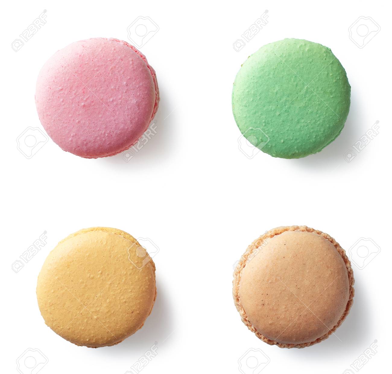 Colorful French Macarons Isolated On White Background Top