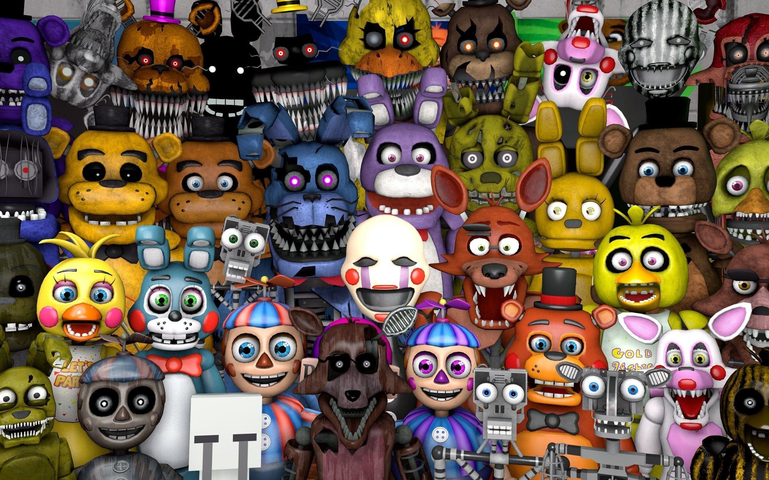 A large group of animatronic characters from the Five Nights at Freddy's (FNAF) video game series, including Freddy Fazbear, Bonnie the Bunny, Chica the Chicken, Foxy the Pirate Fox, and many others