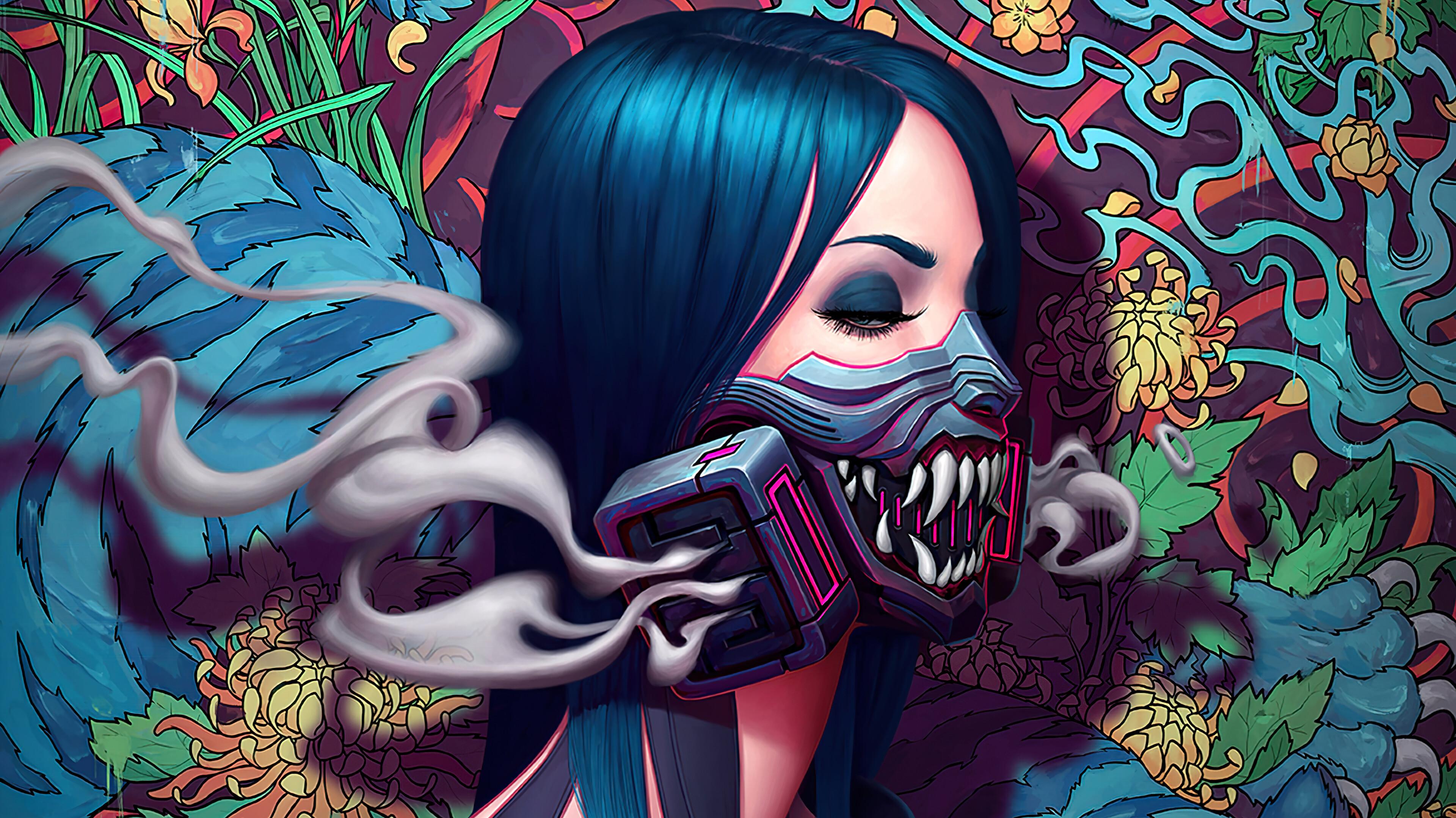 Cyberpunk Girl Gas Mask Smoke Artistic 4k Wallpaper