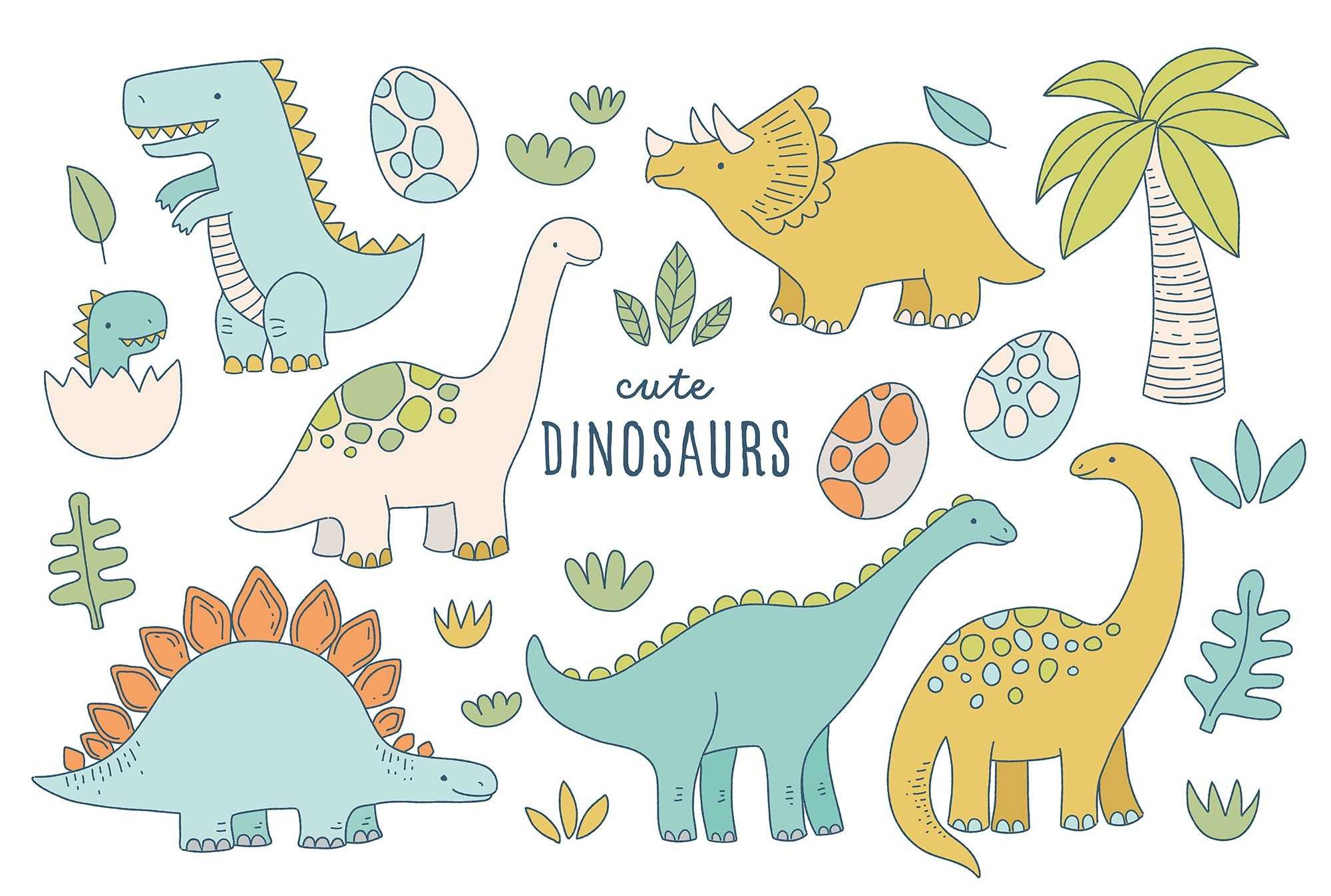 A collection of cute cartoon dinosaurs in pastel colors, perfect for a child's wallpaper