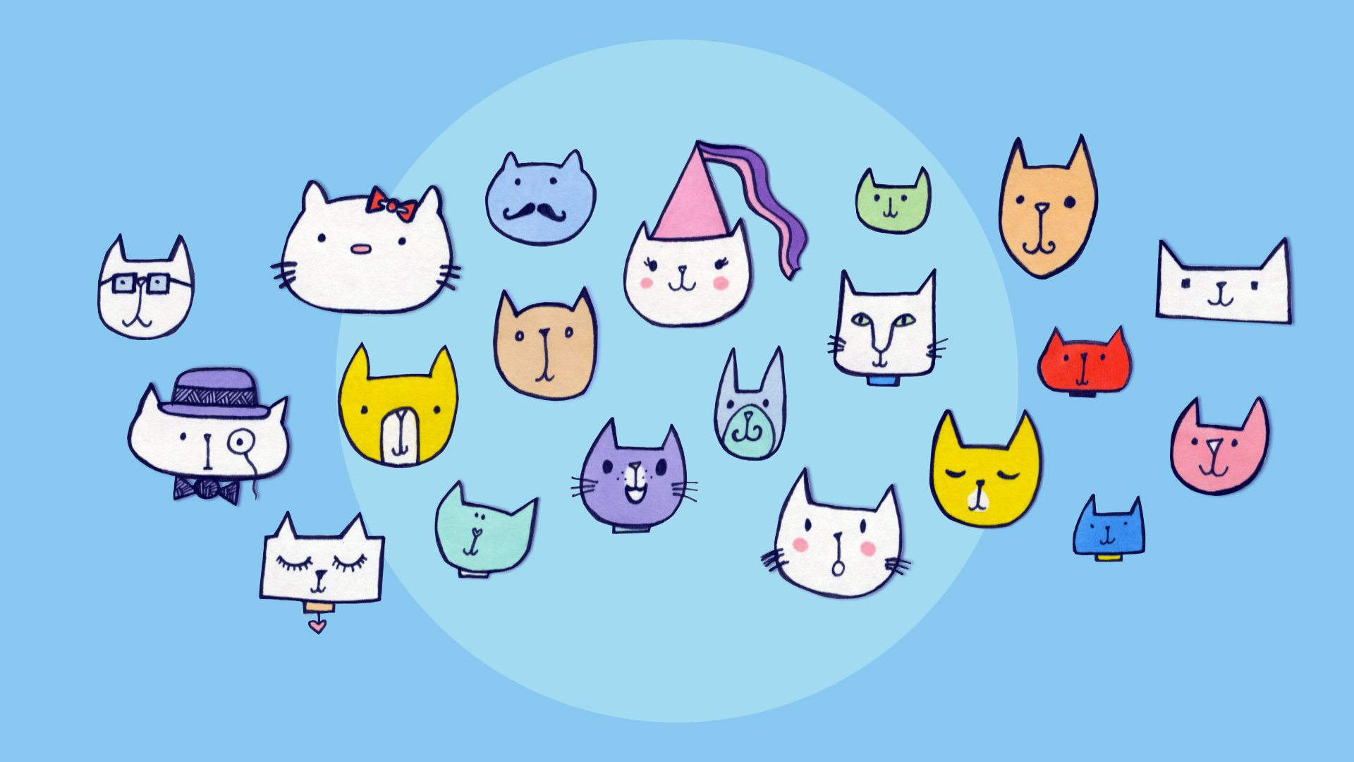 Whimsical cat faces on a light blue background, suitable for a desktop wallpaper