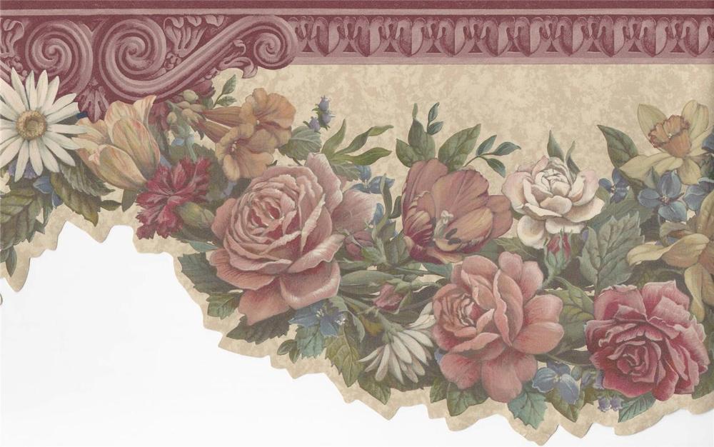 Wallpaper Border Rose Floral Garland Swag with Burgandy Molding Die