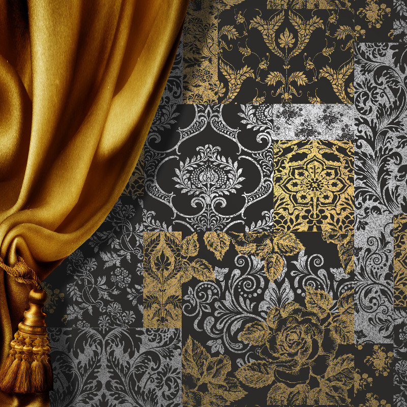 Brocade Suede Effect Wallpaper In Black Silver And Gold M0892
