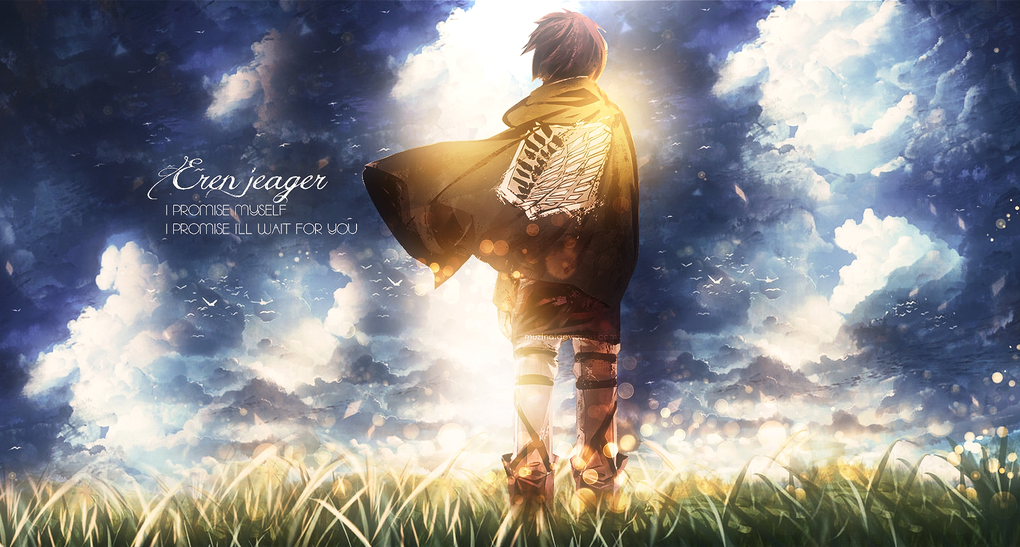 Eren Yeager stands in a field of grass, gazing at a cloudy sky, symbolizing his longing for freedom in Attack on Titan