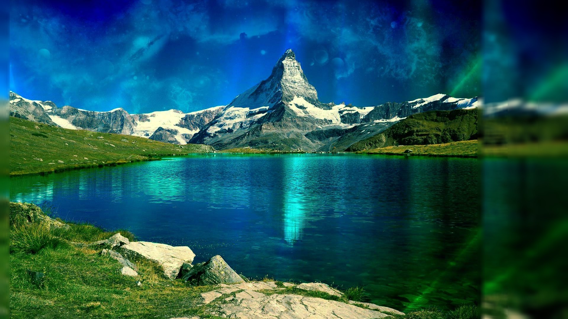 A stunning 3D render of a majestic mountain peak reflected in a crystal-clear alpine lake. The vibrant colors and detailed landscape create an immersive and breathtaking desktop wallpaper