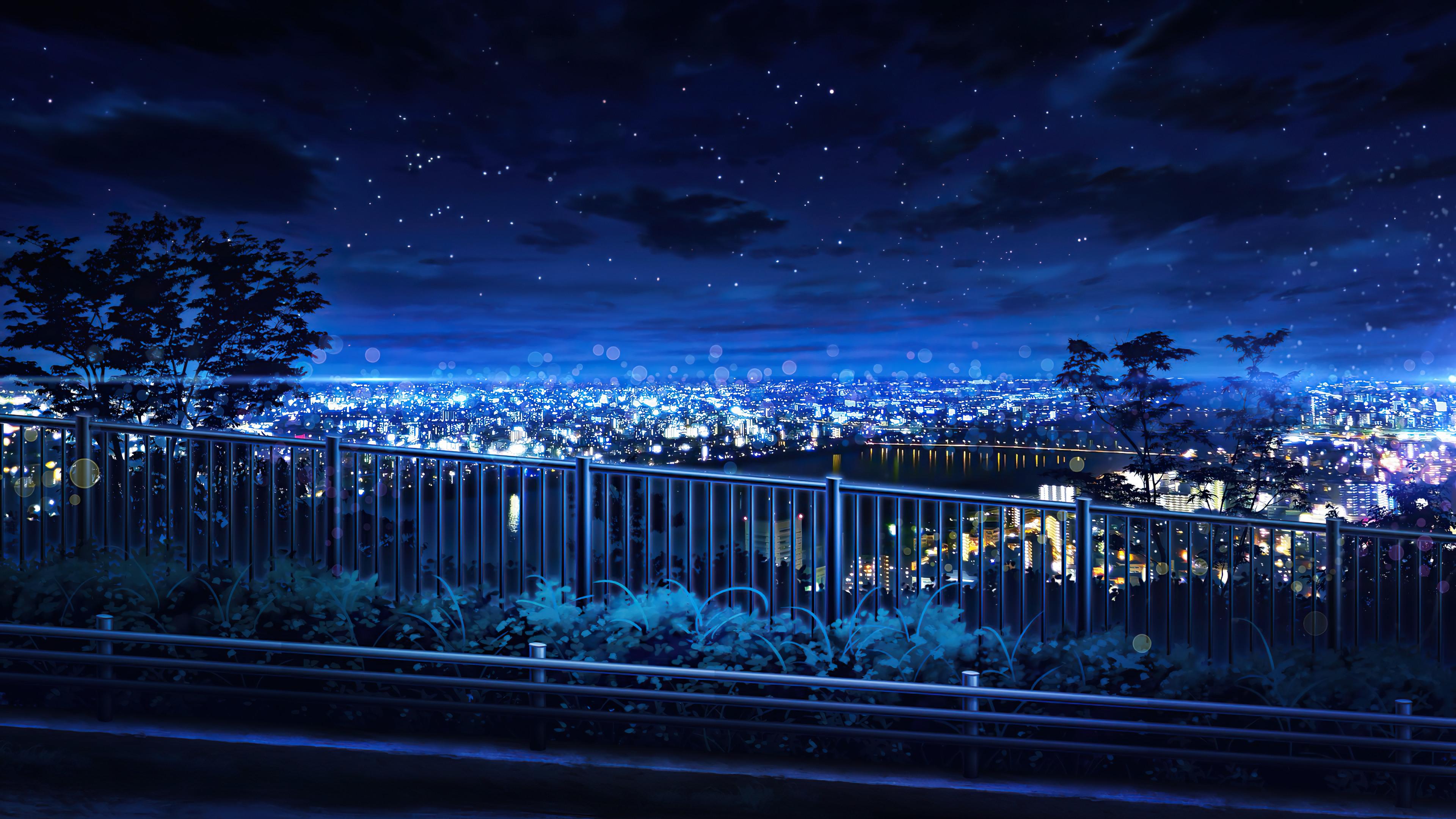 Night Sky City Anime Scenery 4k Wallpaper