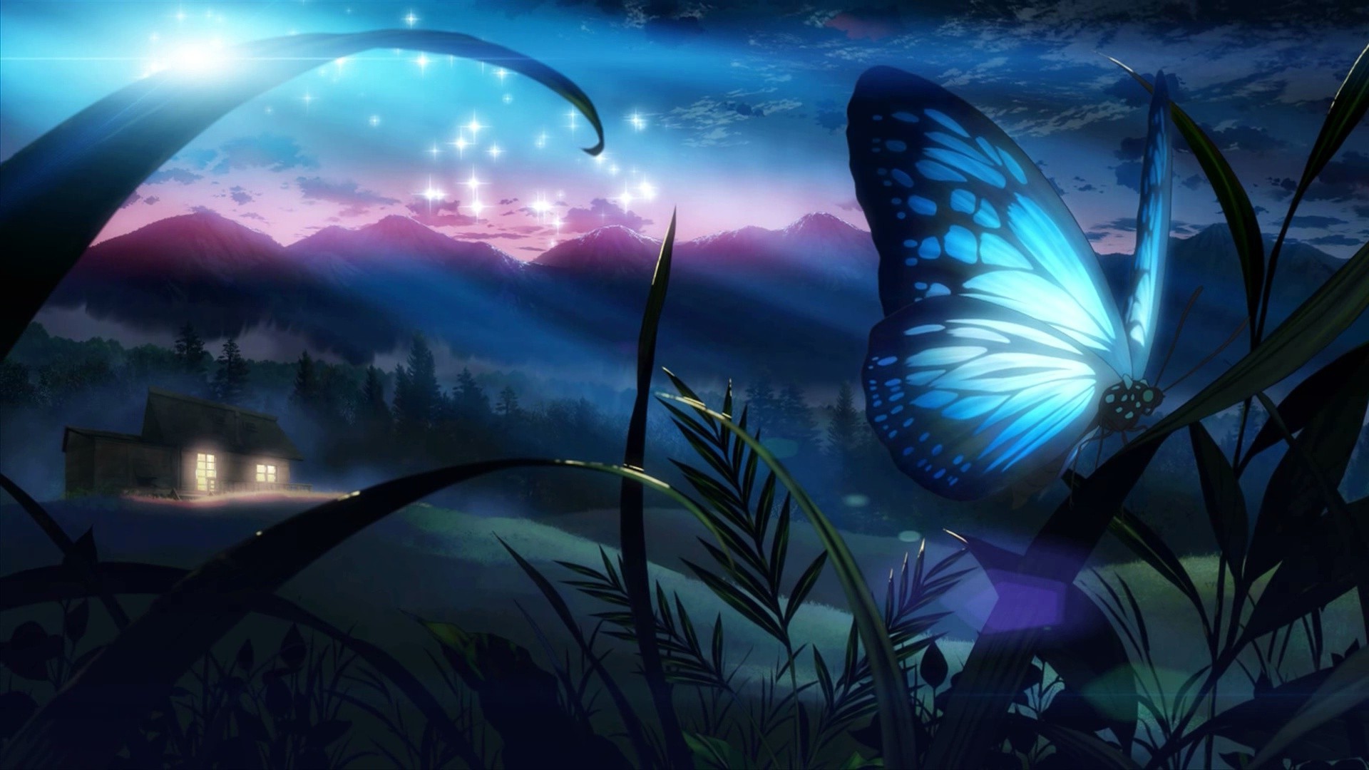 A mesmerizing anime background featuring a glowing blue butterfly perched on grass blades, with a cozy cottage nestled in a misty forest under a twilight sky adorned with sparkling stars and distant mountains